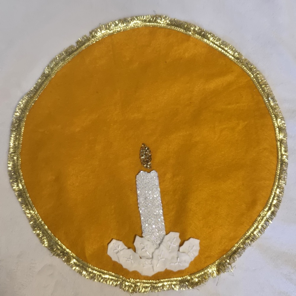 Vintage Handmade Felt Christmas Candle Centerpiece Mat Gold Fringe Sequins 15"